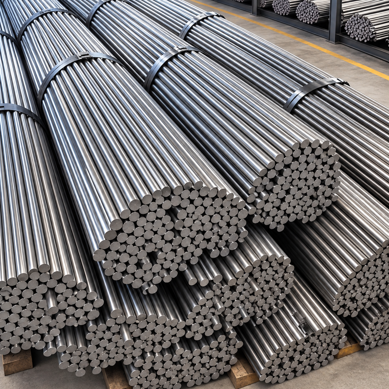 Round steel bars in warehouse depot